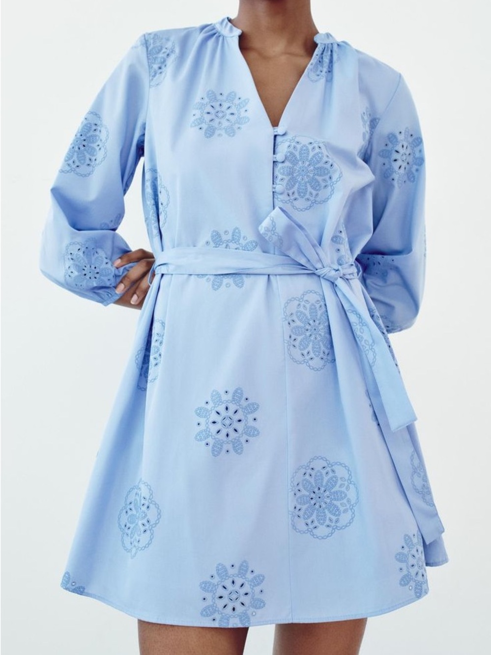 Zara | Sky Blue Poplin Dress With Rubberized Embroidery Size  S